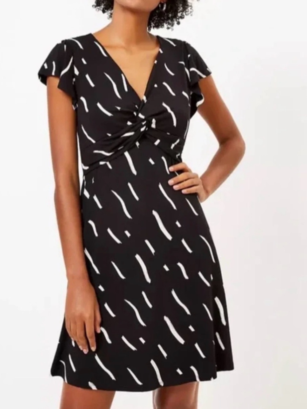 Loft Black Twist-Front Flutter Sleeve Dress with White Abstract Print Large Tall